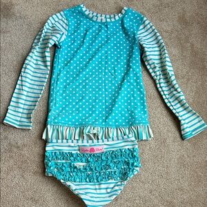 Ruffle Butts Girls' Teal and White Polka Dot Long Sleeve bathing suit girls 7
